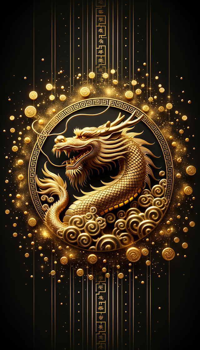 金色的中国龙，要威武霸气，周围很多金色有趣的闪光