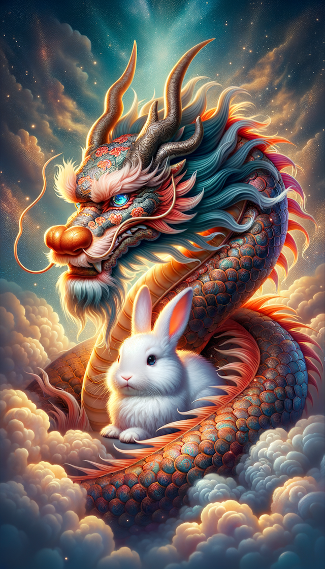 霸气的中国龙保护可爱的小兔子