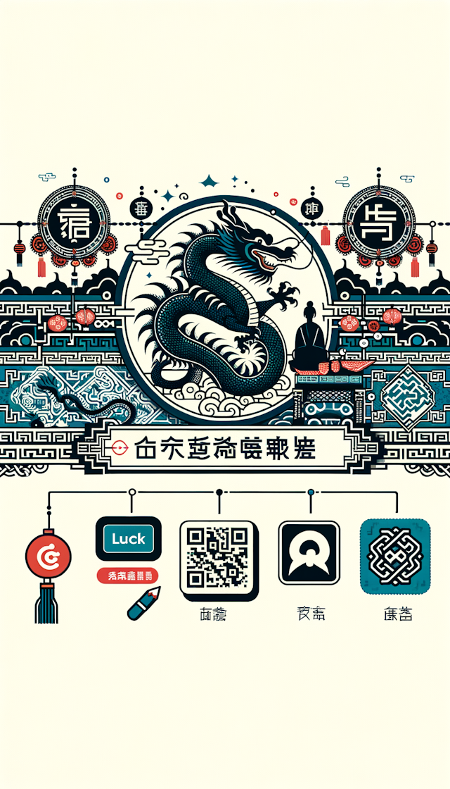 龙的传人 设计元素：龙的图案、中国结、福字等传统元素，以及代表现代科技的二维码或微信图标。