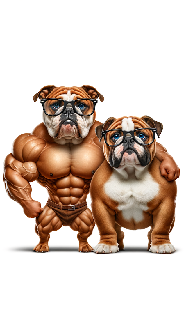 两只可爱的肌肉大公狗抱在一起，左边那只体型更大，身高更高。两只都戴了眼镜。