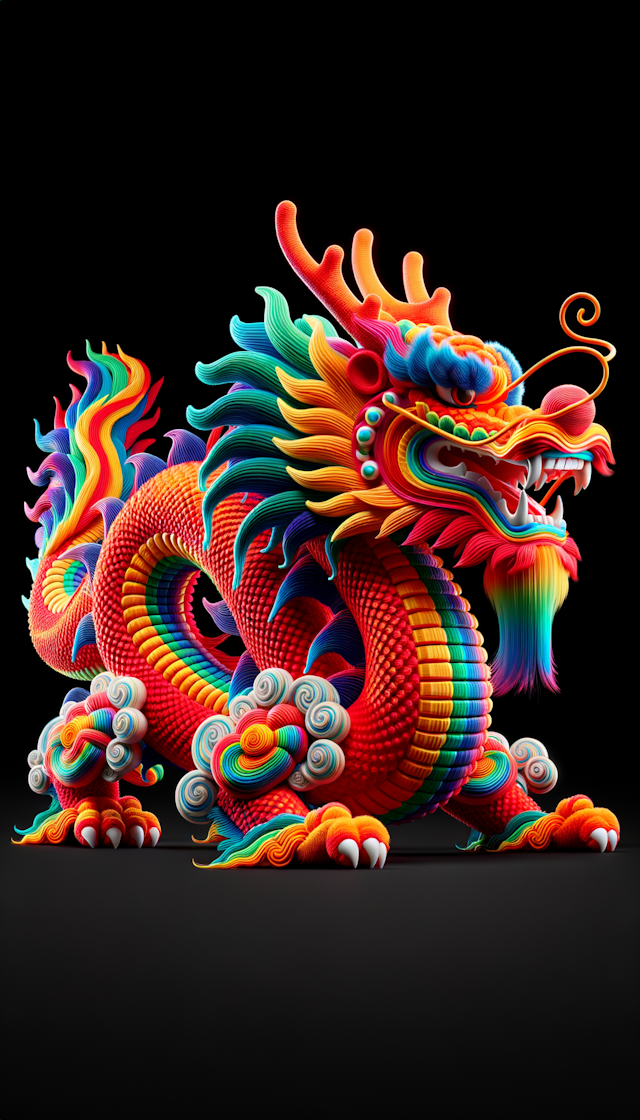 一条3D的中国龙颜色是彩色，毛绒质感，体现中国红和春节的元素，龙要视觉冲击力强的