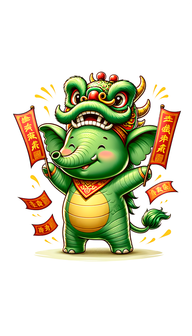 一只绿色的小象灵活地站立，脸带微笑，手持着飘动的对联，小象头像带着龙形的头套，有舞狮的感觉，画面有合理的龙元素，中式新年的感觉