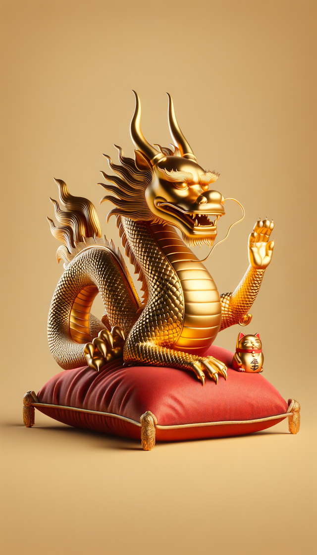 gold dragon sitting on a red cushion with waving left hand as like as maneki neko
