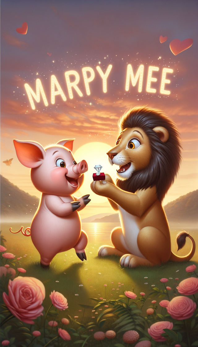 一只可爱的小猪向一只可爱的小狮子求婚，上面有一行字，marry me