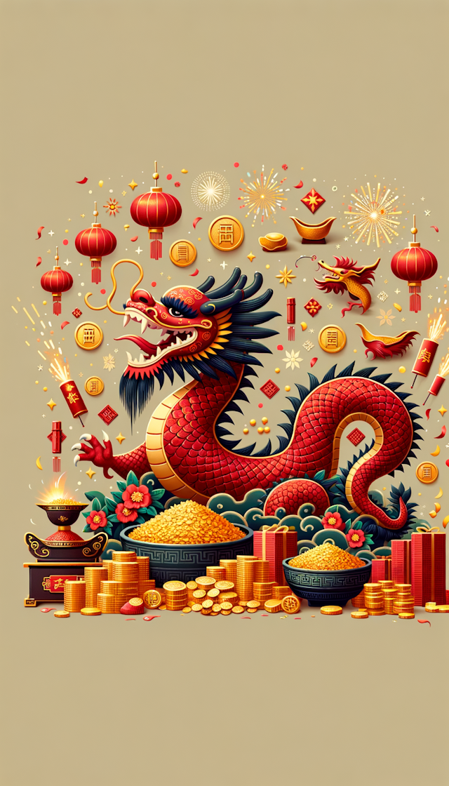 中国风红色喜庆巨大神龙在江边腾飞身带大量茶叶，卖茶叶，金币，元宝，烟花，爆竹，香气烟雾，