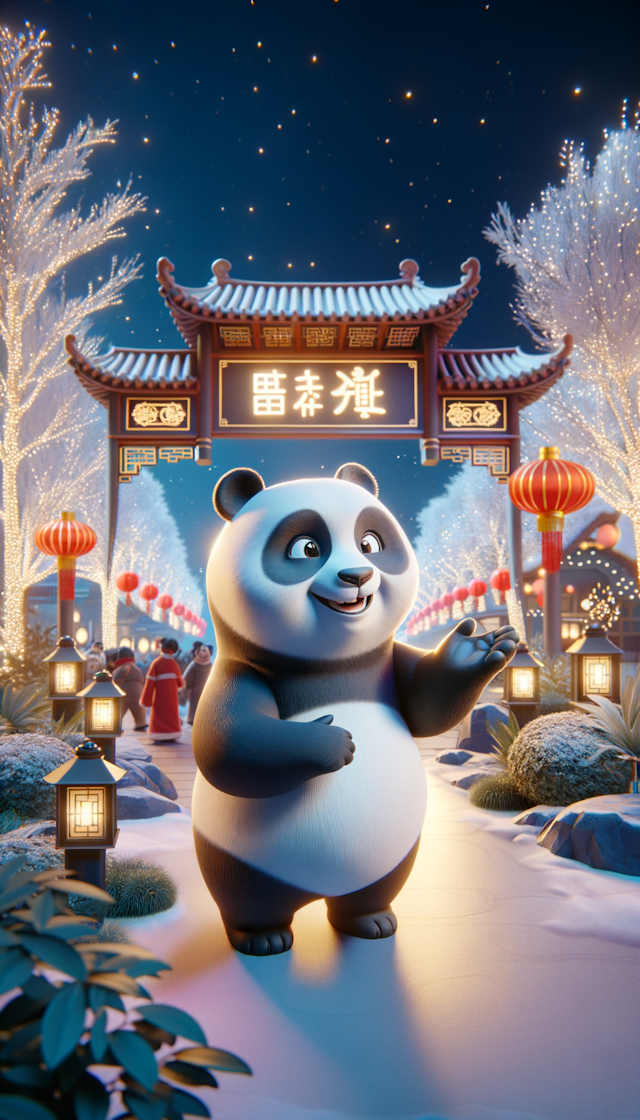 熊猫笑着拜年，3d风格，春节背景，夜晚，灯光