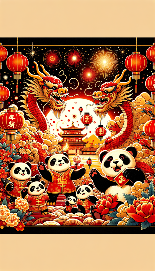 "Cute dragons and pandas in the atmosphere of Chinese New Year celebrations, in a two-dimensional (2D) anime style, vibrant red and gold hues, lanterns, Spring Festival couplets, fireworks, bustling festive scenes, strong anime vibe, high color saturation, and smooth lines."