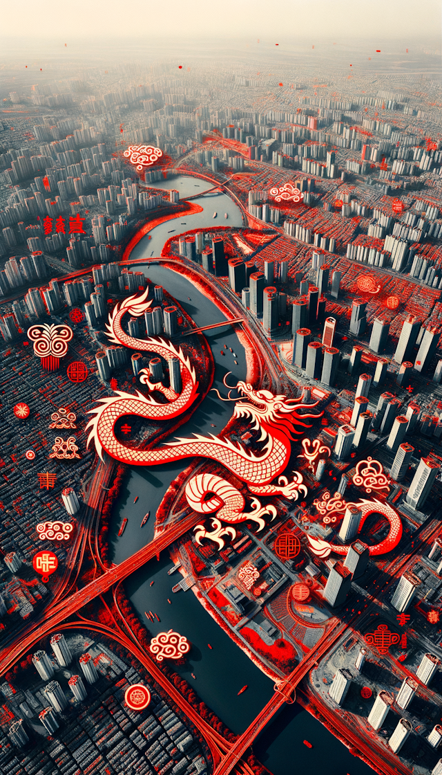 成都市卫星地图，红色滤镜，装饰一些龙年新年元素