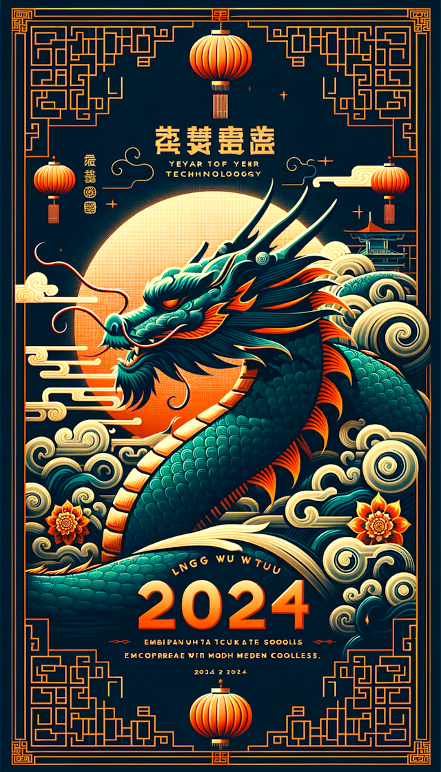 龙年封面背景，炫酷一些，带有“凌武科技”和“2024”两个词语，中国风风格