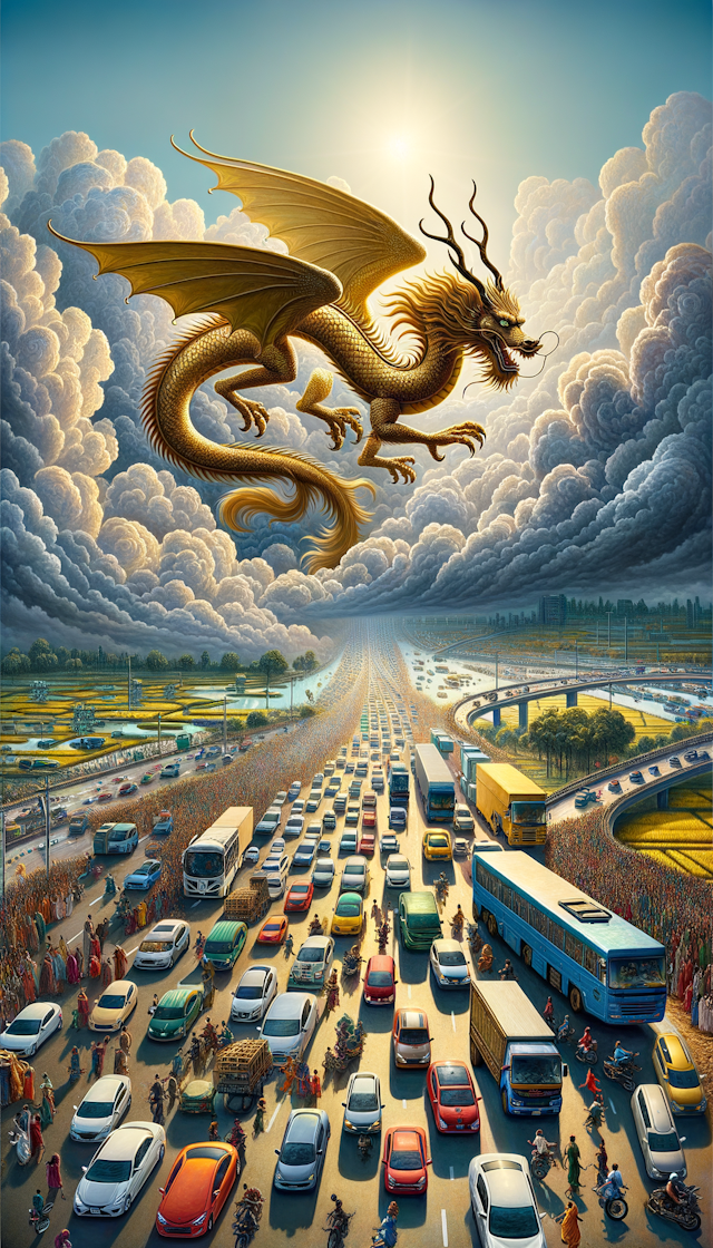 一条金色的龙在云层中穿行，下方地面上有形形色色的车辆和人