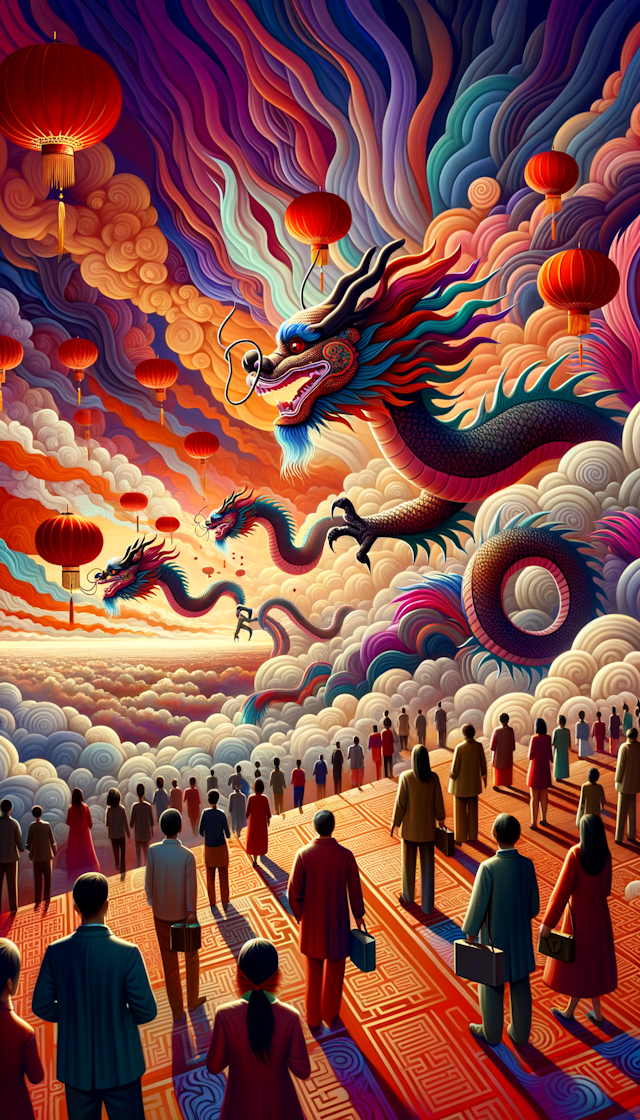 Chinese dragons are soaring in the sky, helping people all over the world in delivering red envelopes. The style of modern art