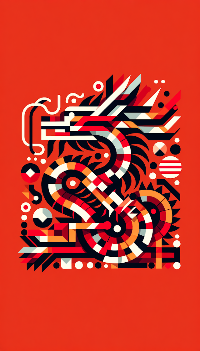 The Chinese dragon is made of geometric shapes, full body, memphis style, flat color illustration, simple style，Red background