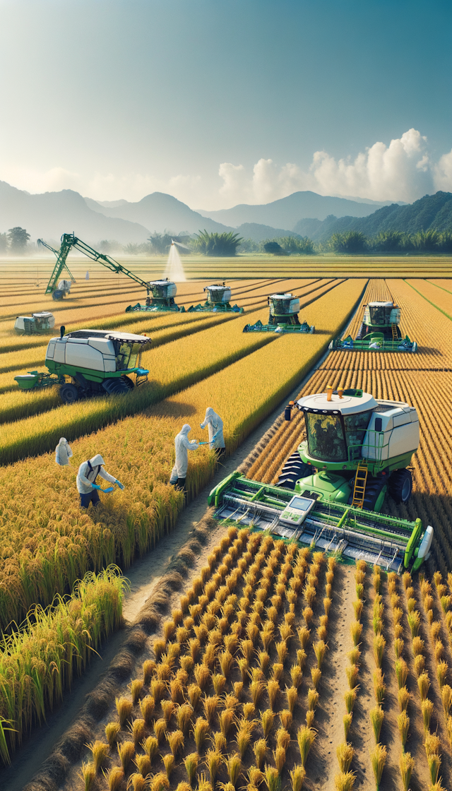 在阳光明媚的中国南方广东省，农民们在地面上通过先进的机械收获水稻等作物，科学家们利用卫星遥感技术监测粮食产量