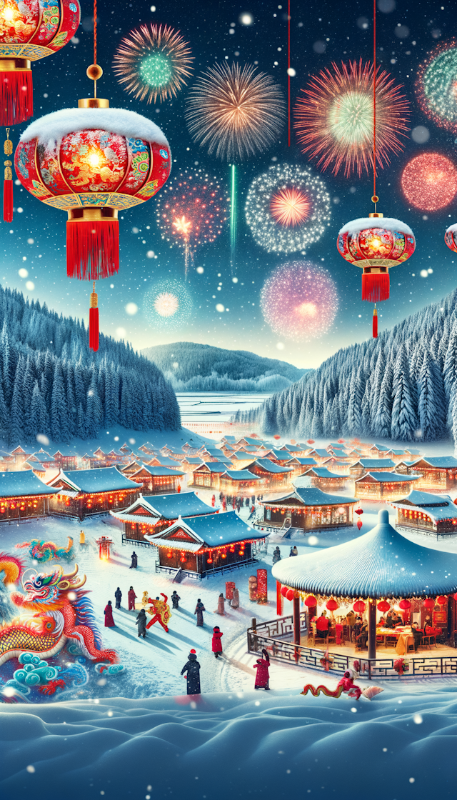 展现中国东北壮丽雪景结合春节的喜庆气氛