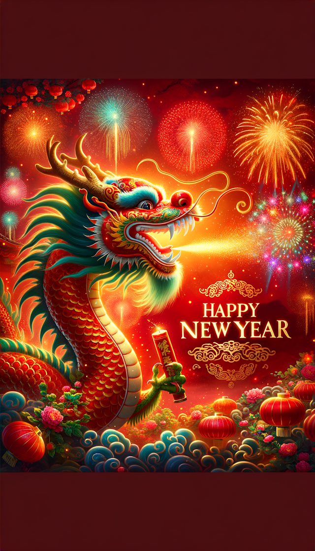 可爱的中国龙，祝大家 新年快乐，背景红色喜庆，烟花，