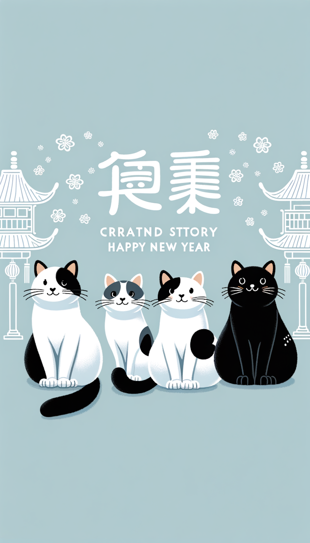 4只猫咪祝新年快乐，1只为脸型瘦削的纯白色中华田园猫，1只为稍胖些的白色中华田园猫但身上有一些黑色斑点，1只黑白猫，1只长毛黑色猫