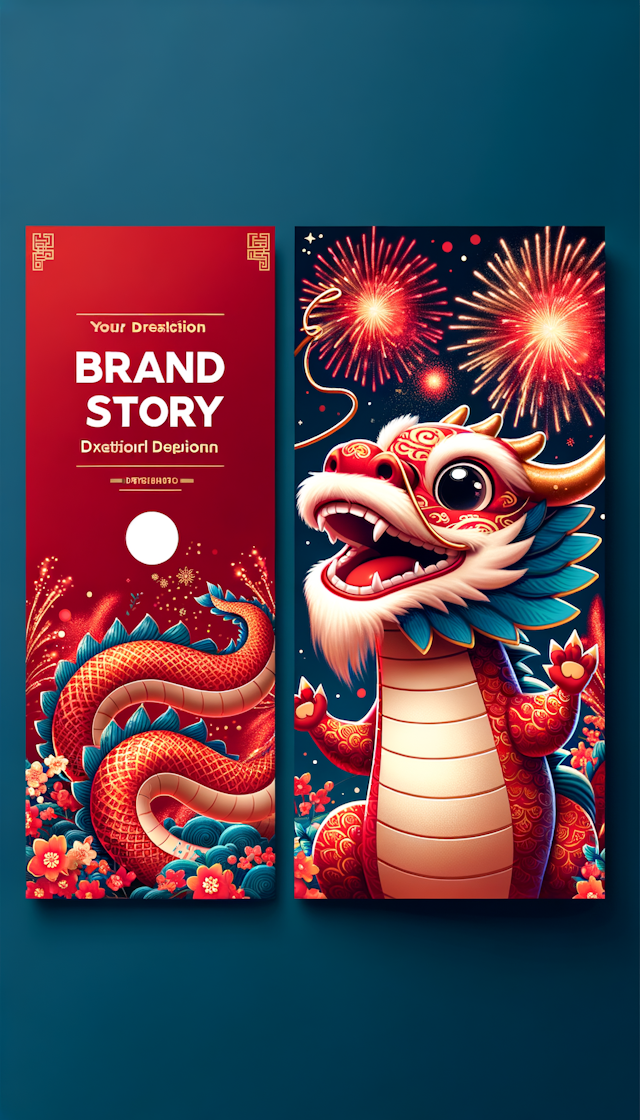 可爱的中国龙 ，祝大家新年快乐，背景红色、喜庆、烟花，竖版封面