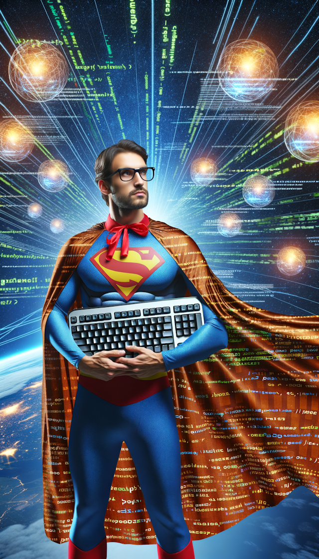 超级英雄，他是一个 IT 技术人才，穿着带有代码图案的斗篷，手里拿着一个闪亮的键盘。他正在用他的技能改变世界，解决各种难题，帮助人们实现他们的梦想。