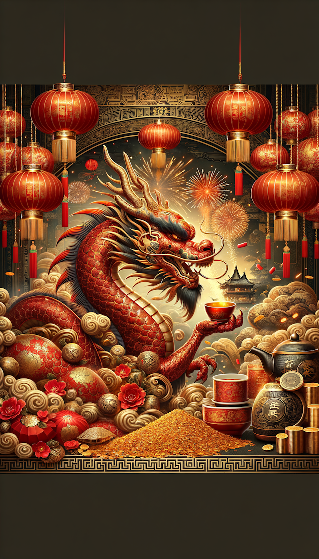 中国风红色喜庆卖茶叶的富贵有钱龙拿着普洱茶饼，端着茶杯闻茶香，灯笼，元宝，金币，烟花，云纹