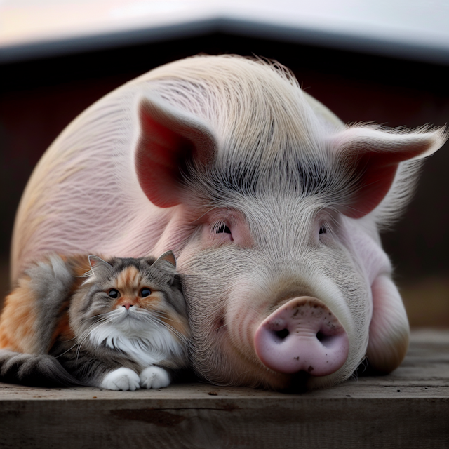 a cute cat with a big pig