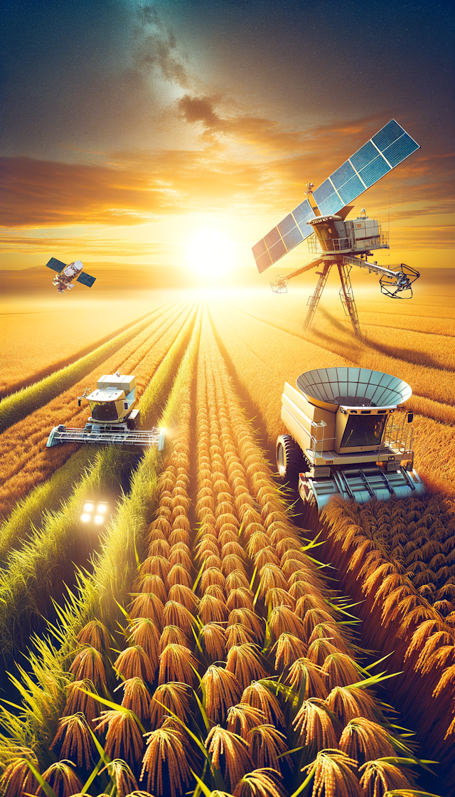 位置在阳光明媚的中国南方广东省。地面上，先进的机械在收获水稻等作物。天空中，一颗遥感卫星正在遥远的监测粮食产量。