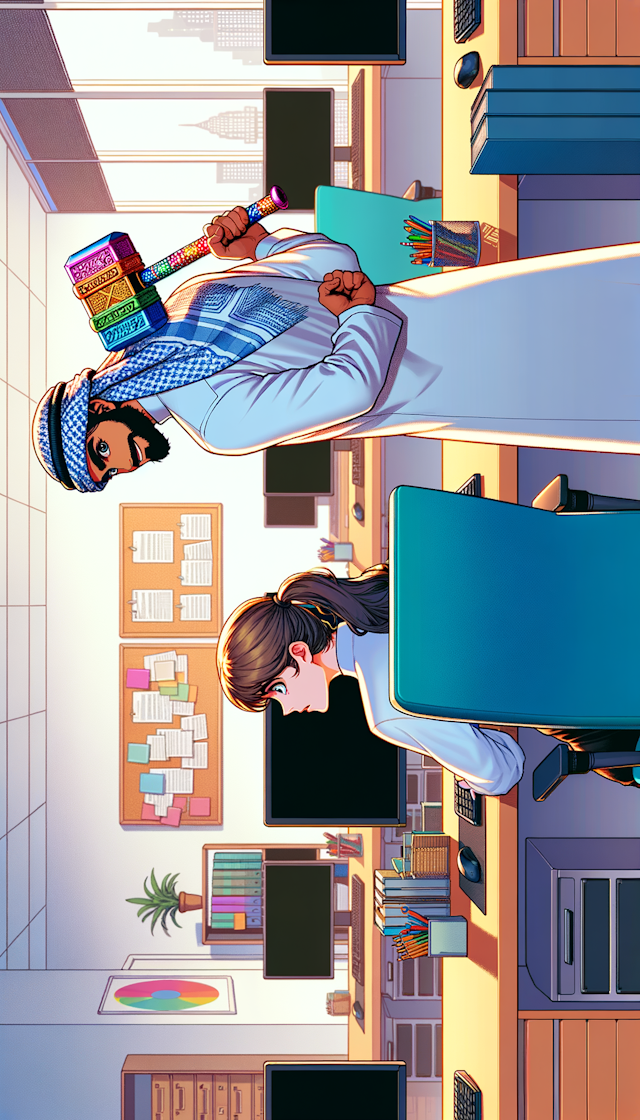 Create an anime-style illustration of an office scene with one man and one woman. The man, facing away from the camera towards the woman, is holding a colorful toy hammer behind his back. He has a playful and mischievous demeanor. The woman, seated at her desk, looks towards the man with a fearful expression. The office is complete with desks, computers, and a whiteboard, all depicted in a vibrant anime style, with a clear emphasis on the toy hammer's playful design.