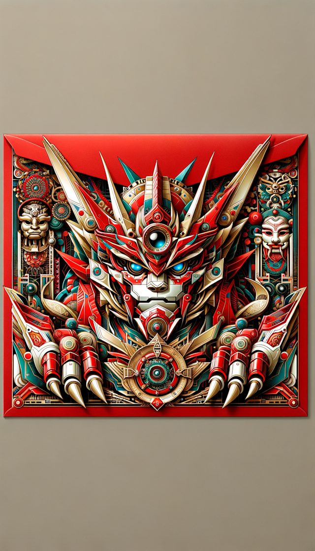 a poster for red envelope cover of the MechanicalGreymon, in the style of digimon anime, detailed facial features, golden and white,  architecture, funk art, masks and totems