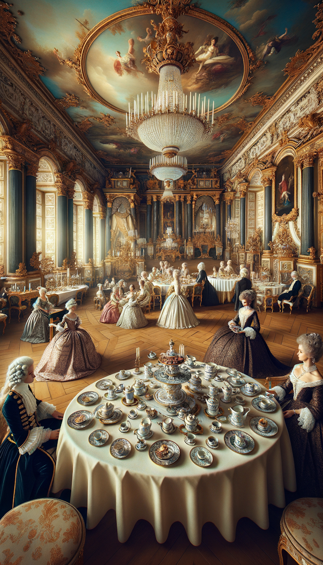 一场在宫廷中举行的茶话会，场景是一个豪华的宫殿内部，有精致的金色装饰和细腻的挂毯。茶话会上，贵族们穿着17世纪的服装，女士们身着华丽的礼服，男士们则身着正装。室内布置着雕花的木质家具和闪耀的水晶吊灯。中央有一个大型的圆形桌子，上面摆放着精致的瓷器和银质茶具，周围摆放着一些用于品茶的小点心。室内充满了优雅和富丽堂皇的气氛。