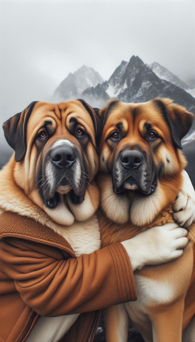 两只大公狗抱在一起，其中一只体型更大一些。