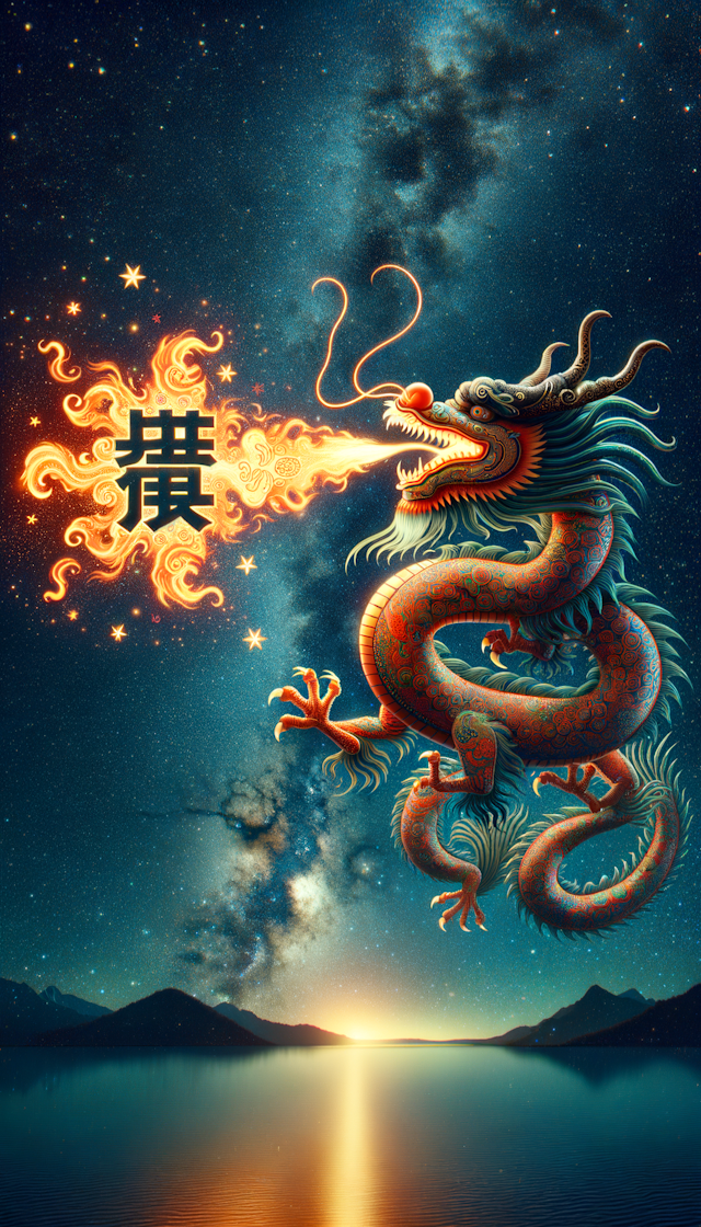 背景是灿若星辰的星空，有一只中国传统图腾的龙在夜空中飞舞，喷火，火焰形成4个字“新年快乐”