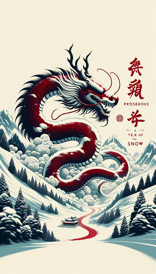生成一个瑞雪兆丰年的封面，最好加一些中国龙年元素。总体风格红白配色