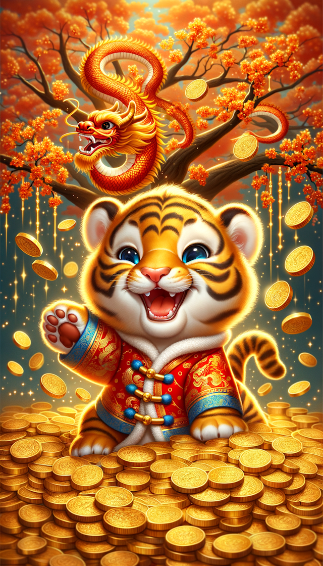 金色的小老虎，可爱，开心的笑容，新春快乐，红色中国龙纹理的小棉袄，摇钱树背景，