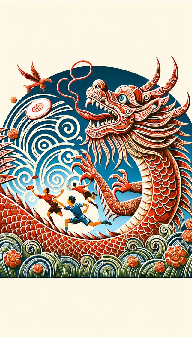 "Chinese dragon is laughing, Chinesepaper-cut, festive,red themealong with ultimate frisbee