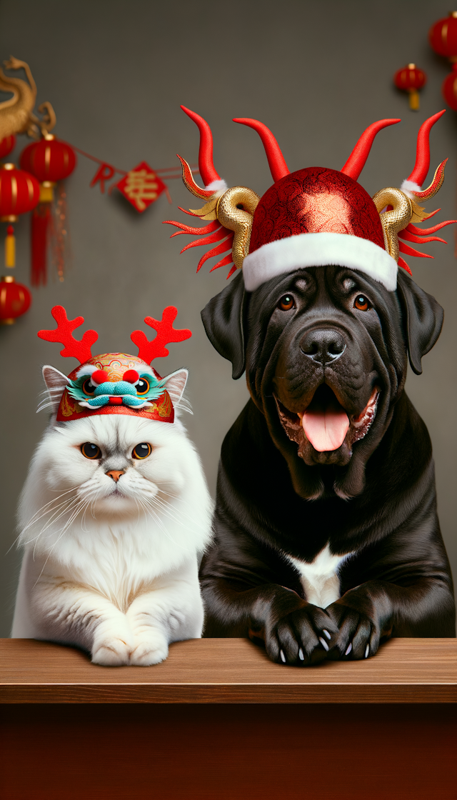 一只可爱的白色猫猫和一只憨厚的黑色狗狗，戴着龙角的红色新年帽子，双手作揖，恭贺新年
