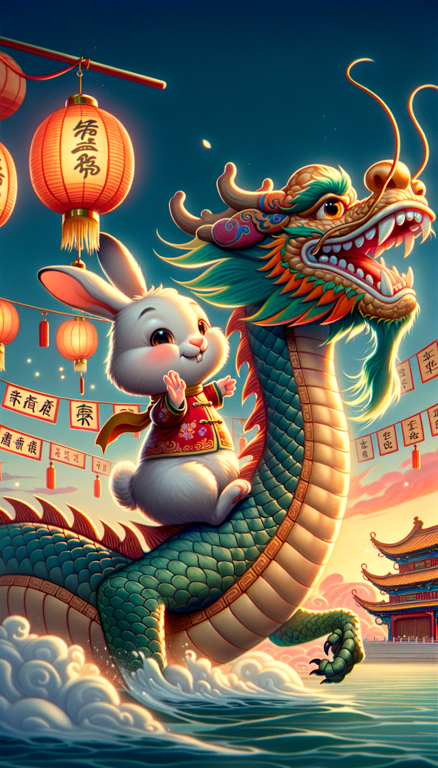 The rabbit rides on the back of a Chinese dragon to express farewell to the Year of the Rabbit and welcome the Year of the Dragon.