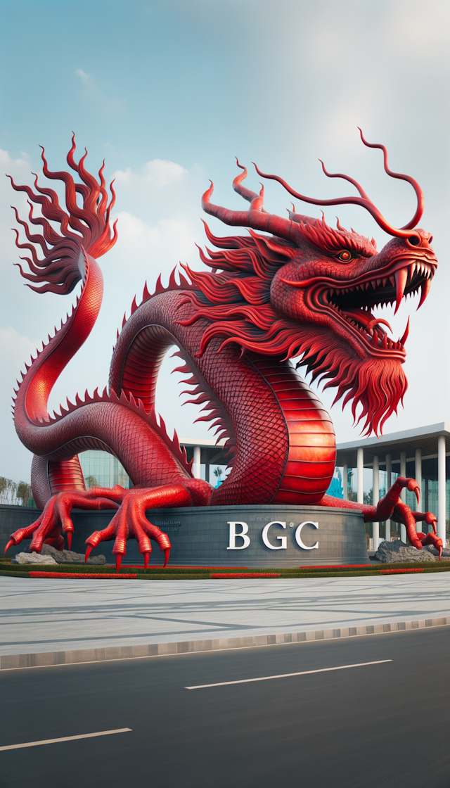 一条漂亮的红色巨龙，盘绕在BGC几个大字上。