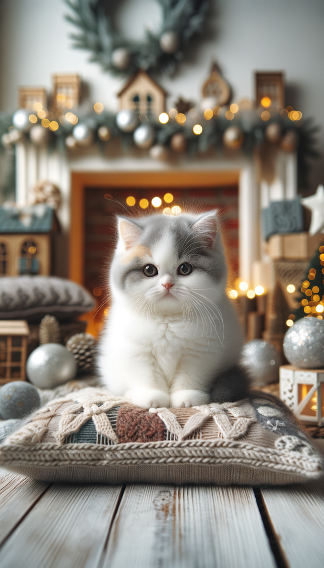 一只白色的胖胖的小猫咪，头顶上有一部分毛是灰色的，它坐在准备过新年的家里