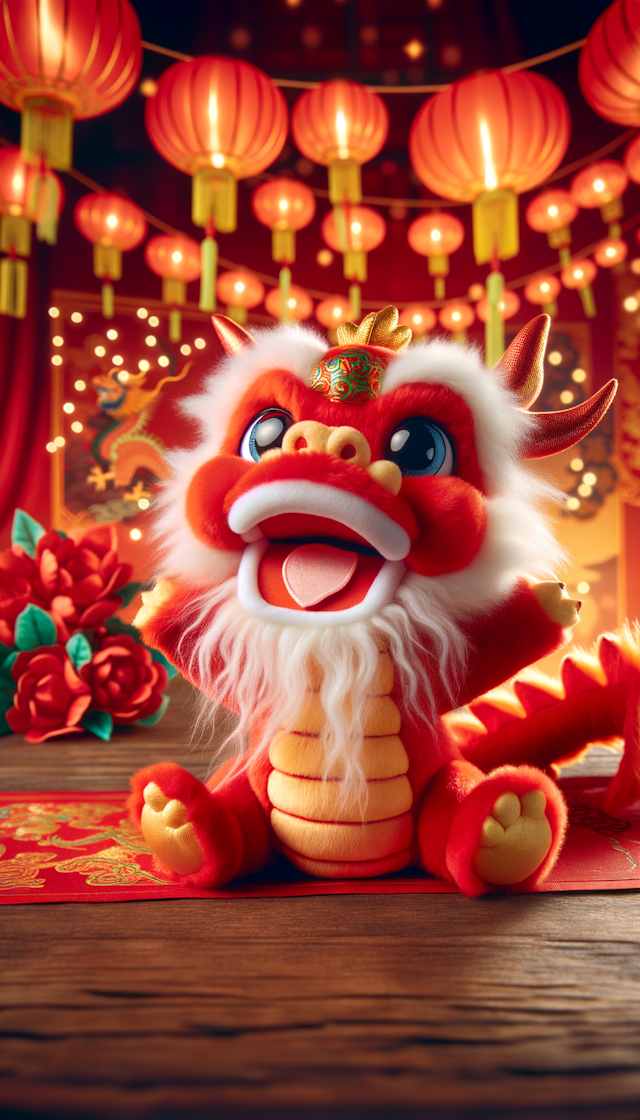 毛茸茸可爱的红色中国龙，开心地庆祝新春