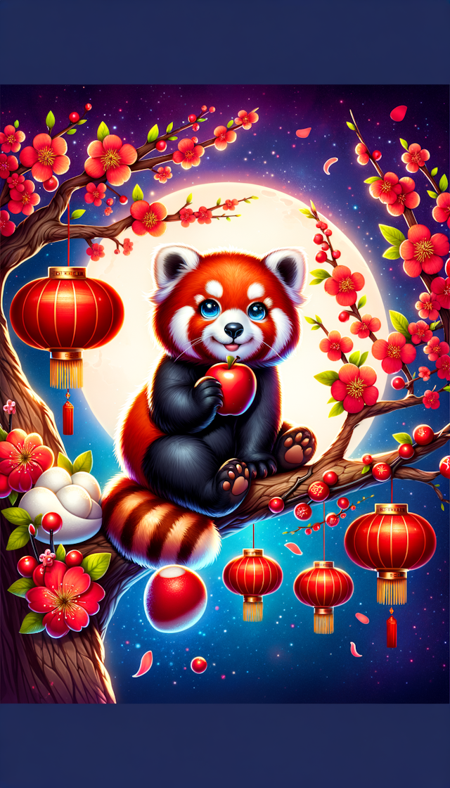 漂亮可爱的小熊猫吃苹果和一些中国农历新年的元素