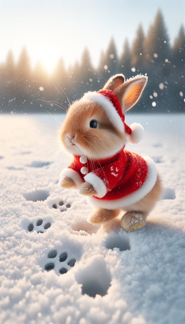 穿红色喜庆衣服的可爱兔子在玩雪