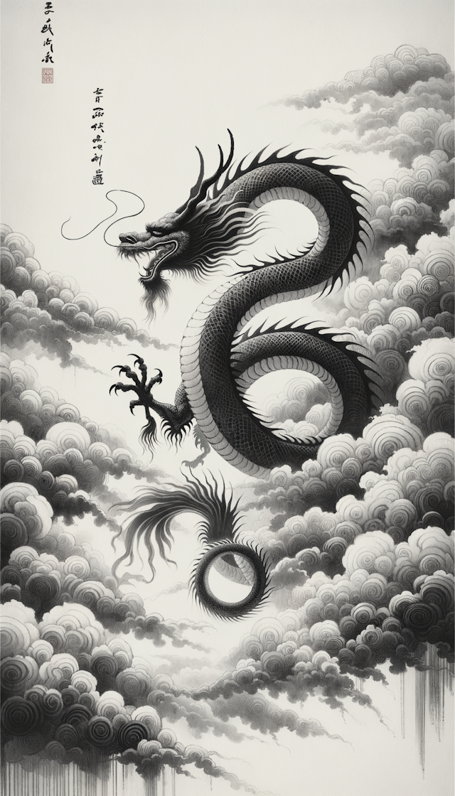 水墨风，黑白，中国龙，云，飘逸