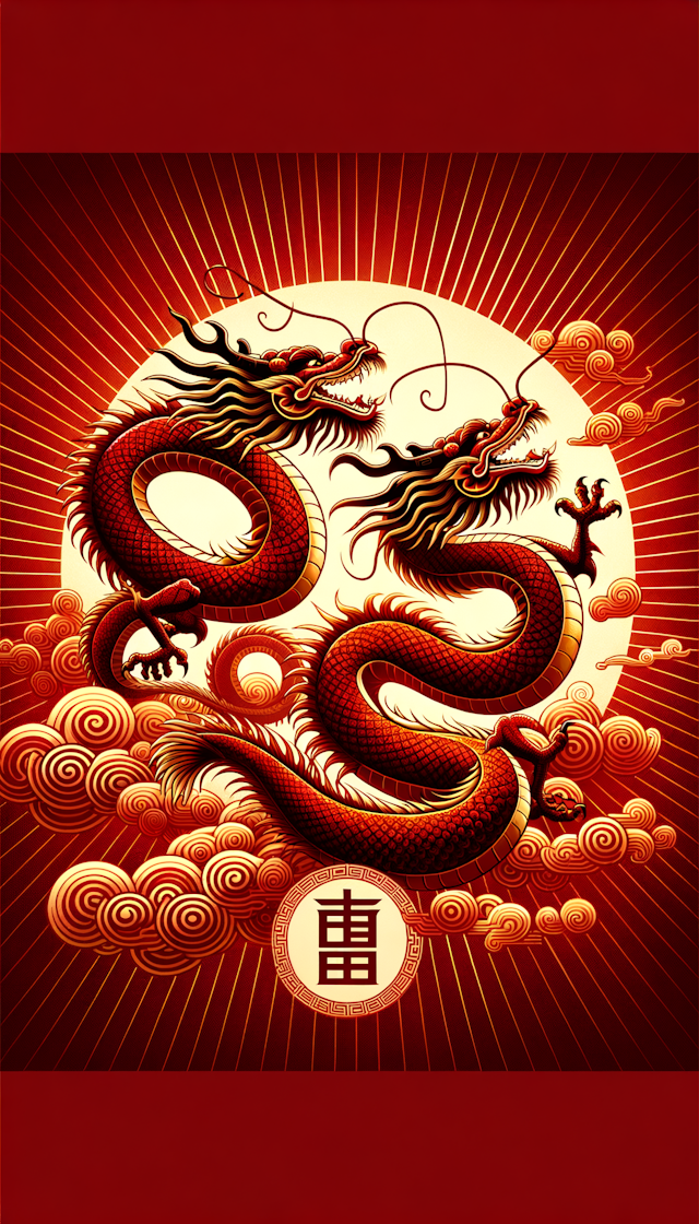 两条中国龙 红色背景 包含喜字 