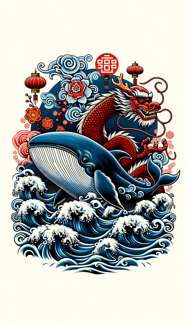 中国风红色喜庆巨大的鲸鱼跟神龙在波涛汹涌的大海上相缠争闹庆祝新年快乐