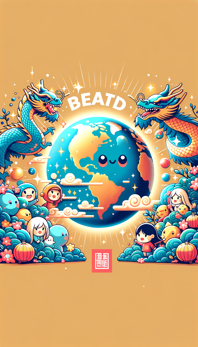 Abstract anime style Earth, with cute anime style on each side. Chinese dragon faces towards Earth, with a close-up of the dragon's head, creating a festive and peaceful New Year background atmosphere