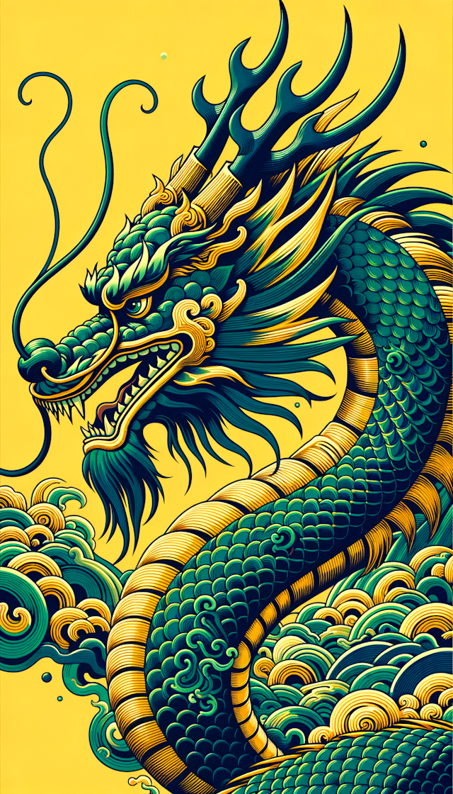 japanese animation Chinese green dragon pintrest by jaywon, in the style of dark cyan and gold, pop-inspired imagery, animated gifs, close up, colorful drawings, free-flowing lines, yellow and aquamarine --ar 4:5 --stylize 180
