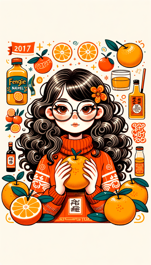 奉节脐橙 新年喜庆气氛 戴眼镜微卷发女孩 竖幅画面