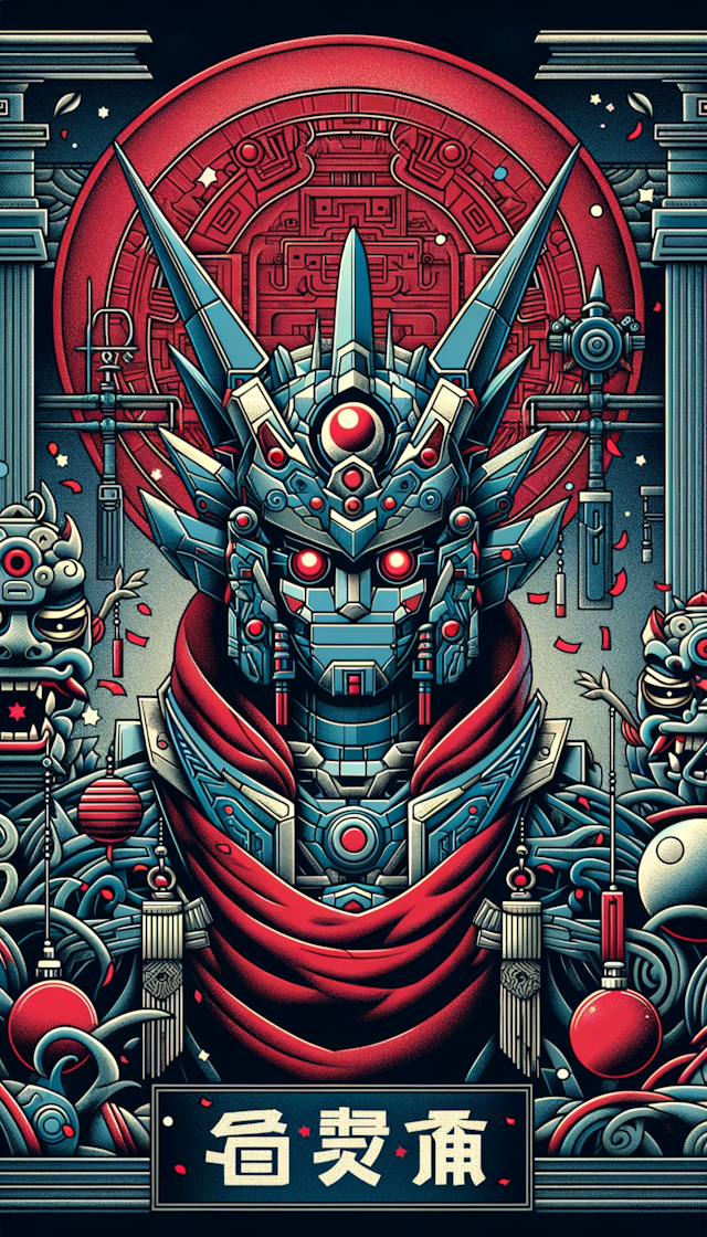 a poster for red envelope cover of the MechanicalGreymon, in the style of digimon anime, detailed facial features, dark sky-blue and festive red,  architecture, funk art, masks and totems
