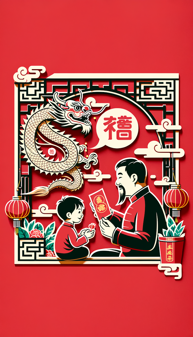 帮我画一个微信红包封面，要求含有一个爸爸和一个儿子，在一起欢庆春节，还需要有中国龙的元素，剪纸风格