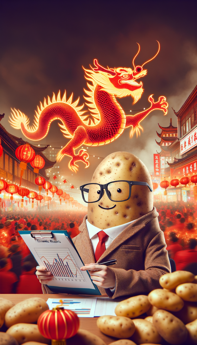 画面主体是一个帅气的土豆戴着眼镜做经济学研究，背景上方要有红红火火的中国龙，背景要有热闹中国年