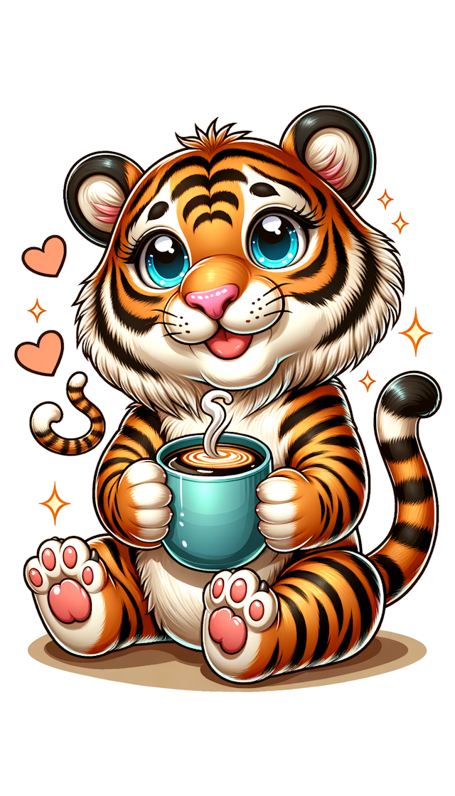 一只可爱的老虎喝咖啡